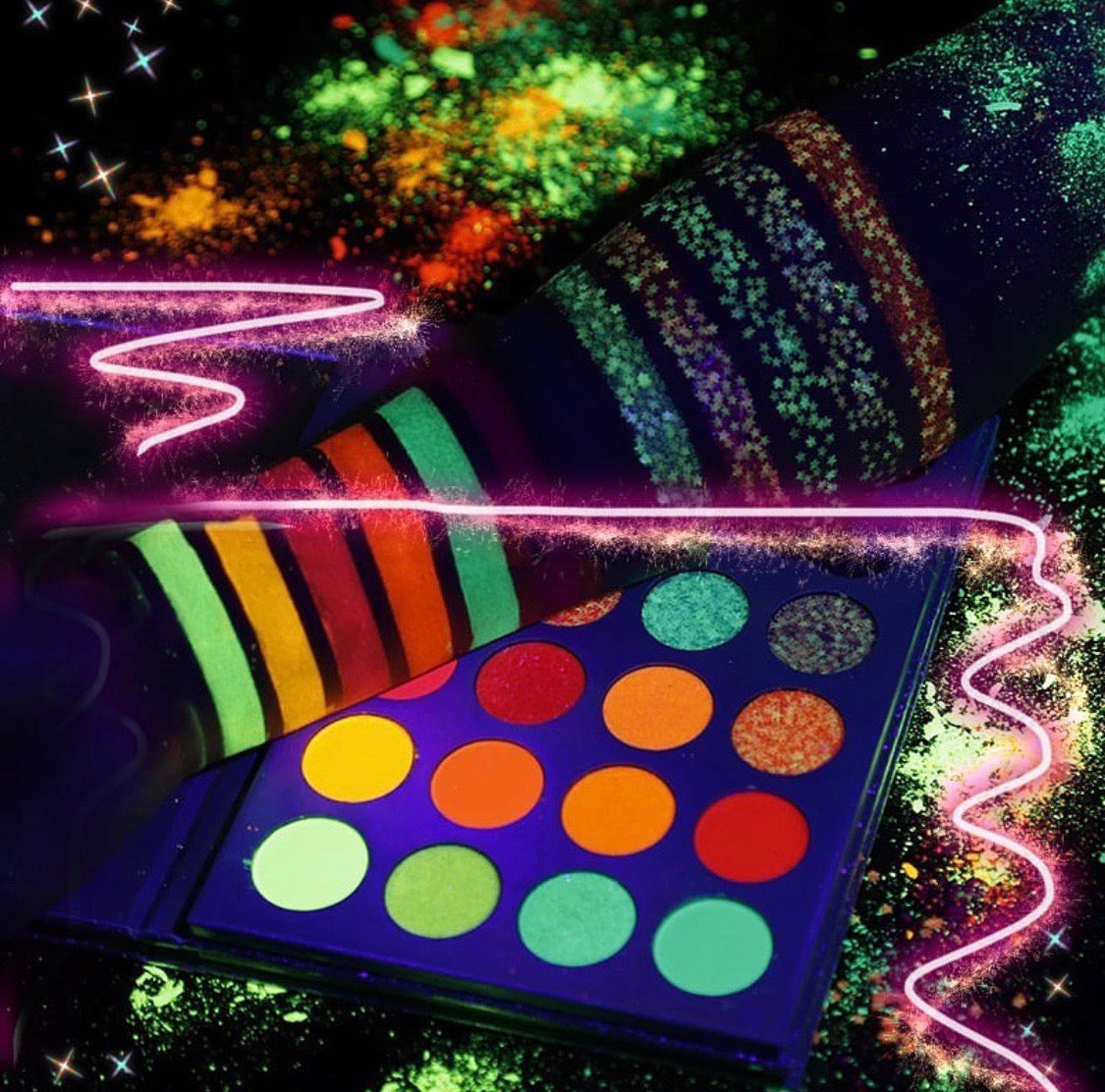 Inked Doll Cosmetics - NEON LIGHTS (24PC) *BLACKLIGHT!* Pigment/Glitter Pallete!